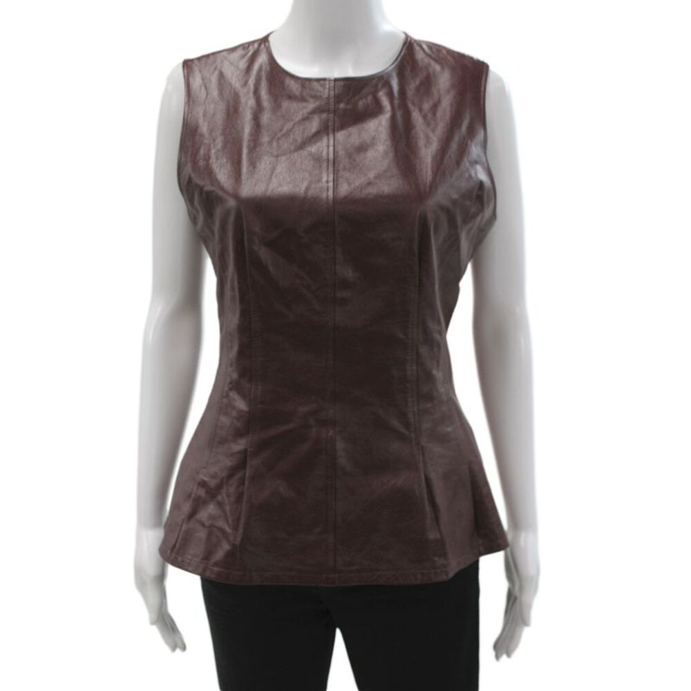 Theory Women Basic Tank Brown Lamb Leather Round Neck Zip Sleeveless Size 8